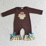 Scarecrow Embroidery Print Brown Long Sleeve Baby Romper