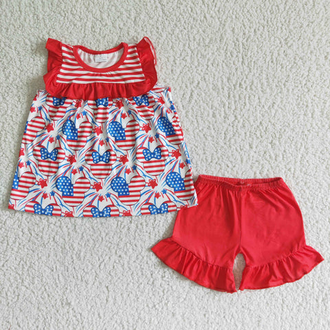 4th Of July Summer Baby Girl Red Stripe Lace Short Sleeve Shorts Outfit