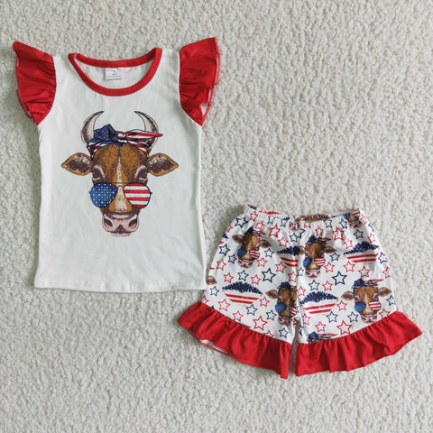 4th of July Girl Cow Print Shorts Outfit