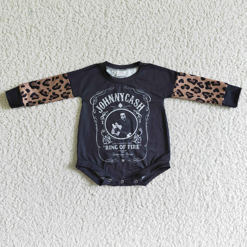 LR0014 Black Long Sleeve Guitar Print Baby Leopard Girls Romper-promotion 2024.11.2