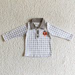 Grey Turkey Plaid Print Button Sweater Boy Long Sleeve Polo