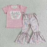 GSPO0072  Cowgirl Pink Cow Short Sleeve Shirt Floral Bell Bottom Pants Outfit-promotion 2024.6.8