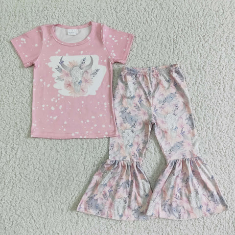 GSPO0072  Cowgirl Pink Cow Short Sleeve Shirt Floral Bell Bottom Pants Outfit-promotion 2024.6.8