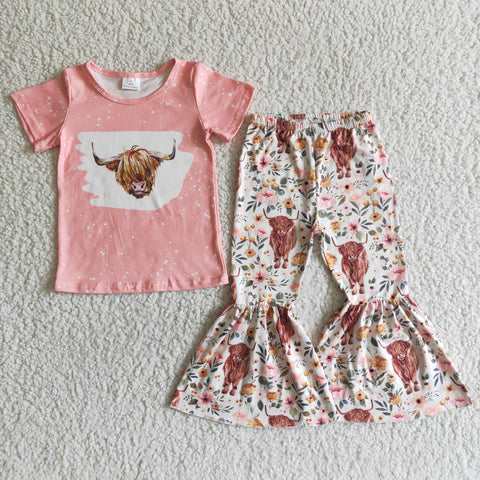 Pink Cow Short Sleeve Shirt Bell Bottom Pants Outfit