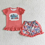 C1-30 Red Car Print Shirt Ruffle Shorts Girls Summer Outfits-promotion 2024.3.23