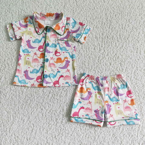 Dinosaur Short Sleeve Shirt Ruffle Shorts Girls Summer Pajamas