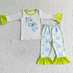 GLP0154 Girl Fluorescent Green Top Monster Print Girls Pajamas Outfit-promotion 2024.10.12