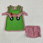 Girls Car Embroidered Green Sleeveless Briefs Suit