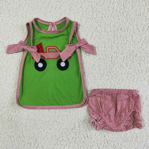 Girls Car Embroidered Green Sleeveless Briefs Suit