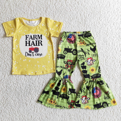 Clearance Yellow Farm Hair Green Cow Pants Girls Clothes Set