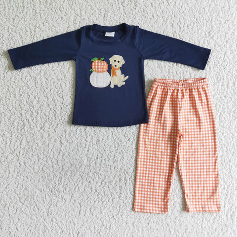 Boy Clothes Pumpkin Dog Embroidery Navy Long Sleeve Long Plaid Pants Outfit