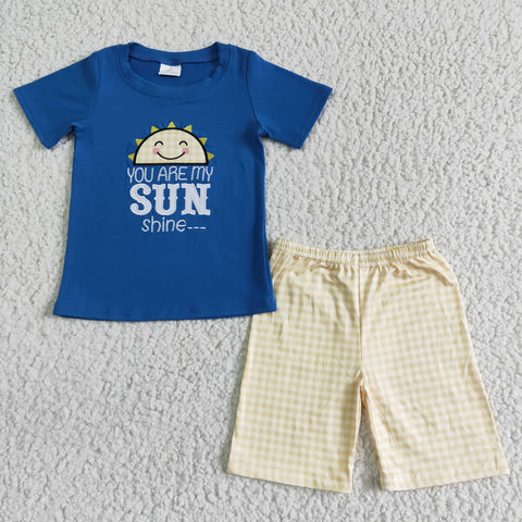 Boy Blue Embroidery Cotton Sun Smile Short Sleeve Outfits