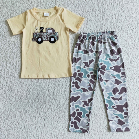 Boys Clothing Yellow Dog Car Embroidery Print Short Sleeve Camouflage Pants Outfit