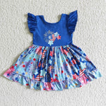 4th Of July Blue Firework Print Flutter Sleeve Girls Summer Twirl Dresses