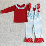 Fall Clothes Outfit Red Polka Dot Shirt Green Monster Print Blue Stripe Overall Long Pants Sets