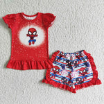 GSSO0124 Red Cute Screen Print Short Sleeve Shirt Ruffle Short Baby Girl Pants Outfit-promotion 2024.7.24