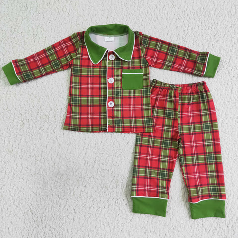 Boy Red And Green Plaid Long Sleeve Long Pants Outfits