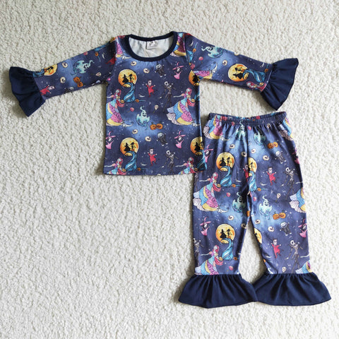 GLP0073 Girl Navy Blue Zombie Moon Print Long Sleeve Shirt Ruffle Pants Pajamas Outfit-promotion 2024.9.21