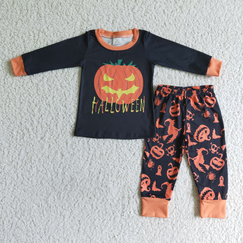 Boy Clothing Black Pumpkin Print Long Sleeve Long Pants Pajamas Outfit