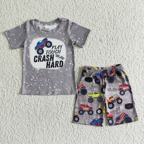 BSSO0070 Gray Car Letter Print Short Sleeve Shirt Baby Boy Summer Outfit-promotion 2024.4.20