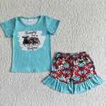 Girl Cow Print Blue Short Sleeve Shorts Outfit