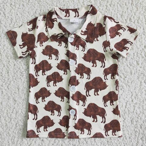 Boy Brown Cow Button Short Sleeve Summer T-shirt