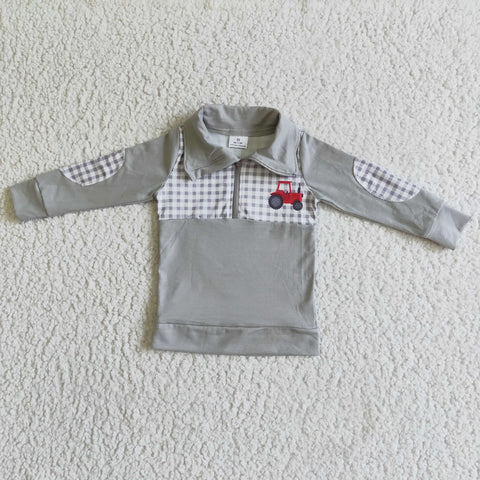 Grey Red Car Print Zippered  Sweater Boy Long Sleeve Plaid Polo