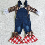 Girl Red Plaid Leopard Shirt Ruffle Denim Overall Jean Outfit