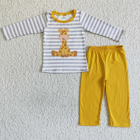 Boy Cute Giraffe Print Long Sleeve Stripe Shirt Yellow Long Pants Outfit