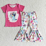 Pink Dog Cartoon Short Sleeve Bell Bottom Pants Outfit