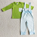 Boy Green Pocket Shirt Blue Overall Green Monster Face Boy Christmas Clothing