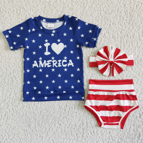 4th Of July Letter Print Blue Shirt Red Striped Bummies Baby Outfits