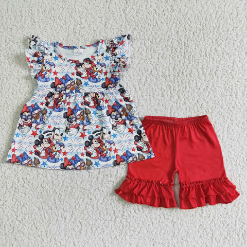 4th Of July Flutter Sleeve Red Shorts Cute Girls Outfits