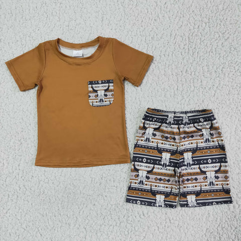 khaki Baby Boy Cow Print Pocket Striped Summer Outfit