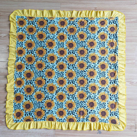 Sunflower Print Yellow Minky Baby Ruffle Blankets