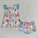 Girl Flower Ruffle With Bow Shorts Sleeve Summer Outfits