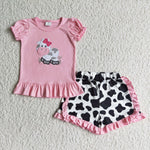 Pink Cute Cow Print Embroidery Cotton Shirt Bow Shirt Girls Outfit