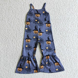 Dark Blue Halloween Pumpkin Baby Girls Summer Jumpsuit