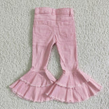 Pink Denim Pants Double Lace Girls Ruffle Ripped Jeans