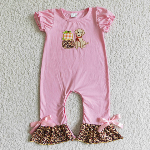 Cute Dog Embroidery Print Baby Girl Ruffle Sleeve Pink Leopard Lace Romper