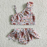 Girl Cow Print Ruffles Leopard 2 Pieces Swimsuits