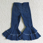 Dark Blue Double Lace Fur-trimmed Jean Trousers Girls Ruffle Jeans