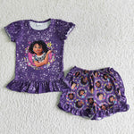 Purple Screen Girl Short Sleeve Shirt Ruffle Shorts Baby Girls Pants Outfit