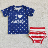 4th Of July Letter Print Blue Shirt Red Striped Bummies Baby Outfits