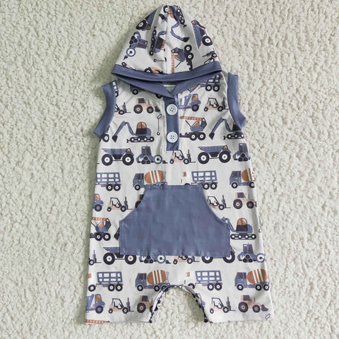 Sleeveless Hoodie With Pocket And Button Cute Grab Print Baby Boy Summer Romper