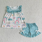 Summer Baby Girl Cute Blue Rainbow Print Shorts Outfit