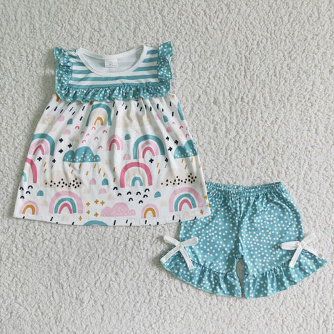 Summer Baby Girl Cute Blue Rainbow Print Shorts Outfit