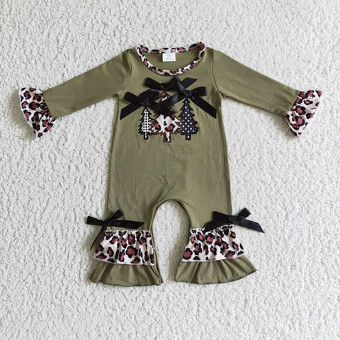 Christmas tree embroidered baby leopard romper