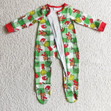 Green plaid dog print baby girls footed coverall rompers