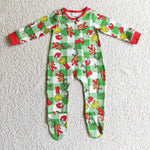 Green plaid dog print baby girls footed coverall rompers